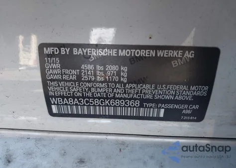 2016 BMW 320I xDrive from USA, damaged, VIN WBA8A3C58GK689368